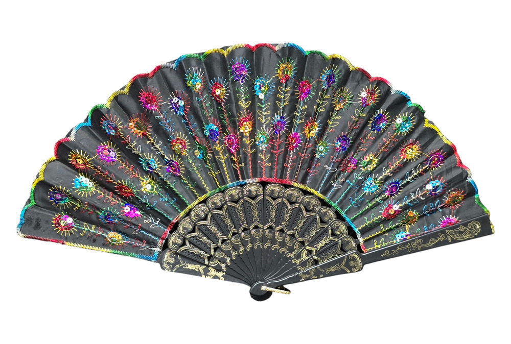Vibrant Peacock Folding Hand Fan Fabric Embroidered Sequin Flower Gold Detail